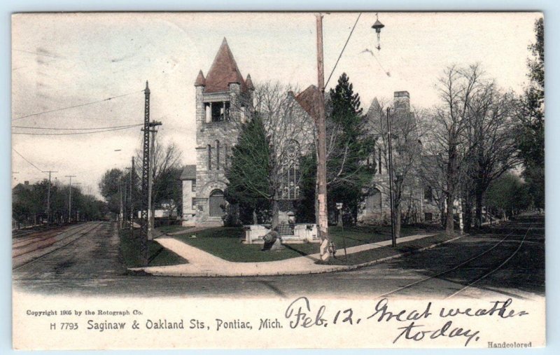 PONTIAC, Michigan MI ~ Handcolored SAGINAW & OAKLAND Street Scene 1905 Postcard