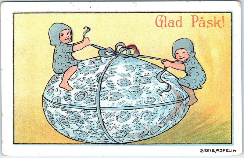 SIGNED ARTIST  Signe Aspelin   GLAD PASK (Easter) Giant Egg  c1910s   Postcard