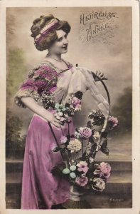 RP: NEW YEAR, 1910-20s; Heureuse Annee, Elegant woman & Flower Arrangement