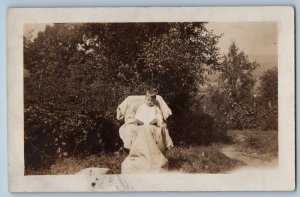c1910's Little Boy Sitting Chair Scene Field RPPC Photo Antique Postcard