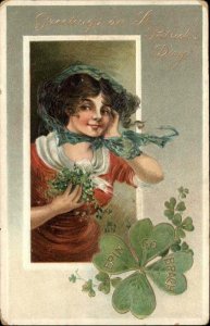 St. Patrick's Day Beautiful Irish Woman with Shamrocks c1910 Vintage Postcard