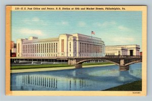 Philadelphia PA-Pennsylvania Post Office Penna RR Station Bridge, Linen Postcard