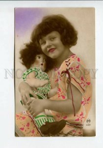 3177998 Charming Girl w/ Belle DOLL Vintage PHOTO tinted PC