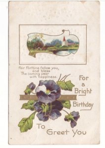 For A Bright Birthday - Rural Church Scene - Flowers - 1911 Embossed Postcard