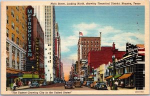 VINTAGE POSTCARD 1940s MAIN STREET SCENE WITH THEATRICAL DISTRICT HOUSTON TEXAS