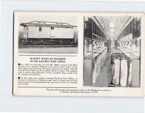 Postcard Old and the new mail cars, Burlington's exhibit, World's Fair, Illinois