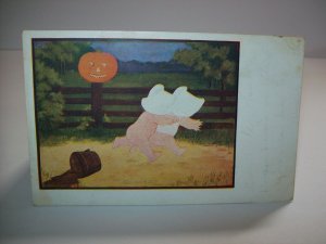 Vintage Halloween Postcard Children in Bonnets Spooked Bogie Man Austen Antique 