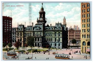 1908 City Hall Building Streetcars Detroit Michigan MI Antique Vintage Postcard