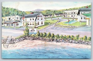 Artist Conception~Bar Harbor Maine~Frenchmans Bay Cove Motel~Flag~1950s Postcard