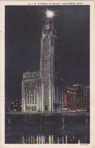 A I U Citadel at Night - Columbus, Ohio - pm 1933 - Linen
