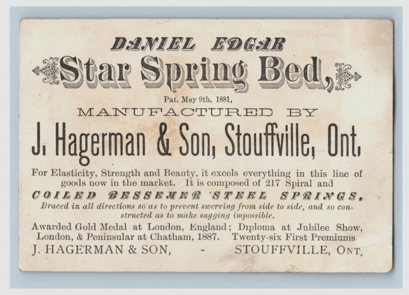 1880s Daniel Edgar Spring Bed J. Hagerman The Fireman #1 Stouffville, ON F172