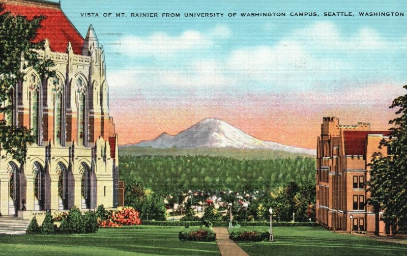 Vintage Postcard 1942 Vista Mt. Rainier University Of Washington Campus Seattle