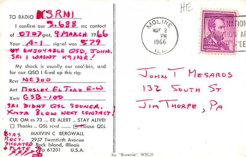 WA9MQJ Rock Island, ILL., USA QSL 1966 