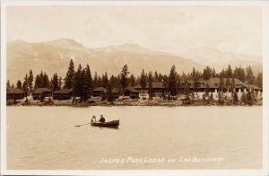 Jasper Alberta Jasper Park Lodge Lac Beauvert Rowboat FH Slark RPPC Postcard H14