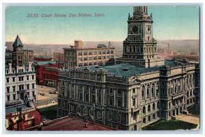 1912 Court House Aerial View Buildings Clock Tower Des Moines Iowa IA Postcard