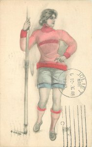 Postcard 1912 hand colored sports woman pole vaulter 23-11235