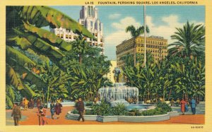 USA Fountain Pershing Square Los Angeles California Linen Postcard 02.96