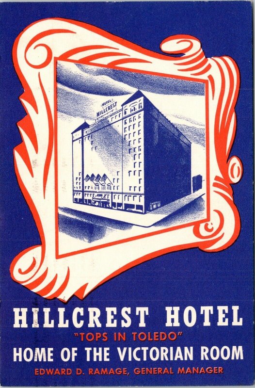 Hillcrest Hotel Tops Toledo Oh Ohio Victorian Room VTG Potcard PM Cancel WOB 