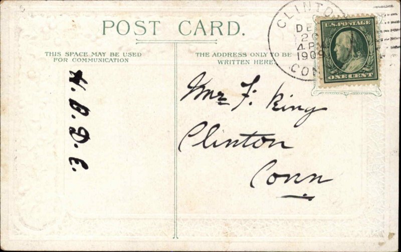 Christmas - Little Boy Knocking on Door Snowstorm c1910 Postcard