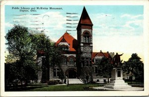 Public Libary Mckinley Monument Dayton Ohio Statue WOB Note Vintage Postcard PM 