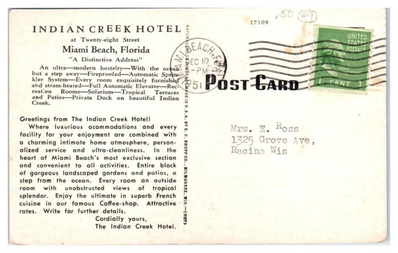1951 Indian Creek Hotel, Miami Beach, FL Postcard