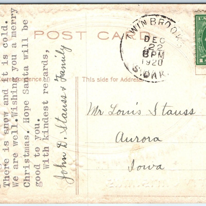 1920 Twin Brooks, S. Dak. Town Post Office Cancel Postcard Postal SD Vtg A68