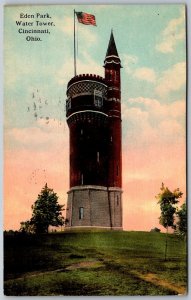 Cincinnati Ohio 1913 Postcard Eden Park Water Tower Flag