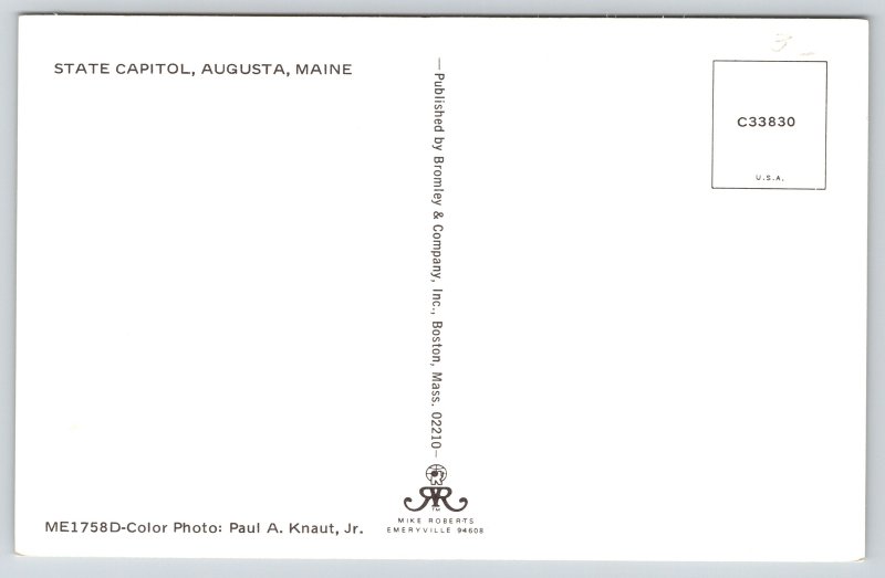 Augusta Maine~State Capitol From Lawn~Vintage Postcard