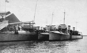 Three Torpedo Boat Destroyers US Navy Base Mare Island California 1910c postcard