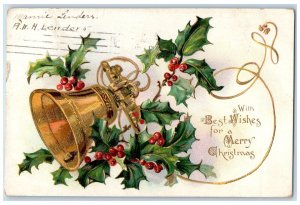 1906 Christmas Holly Ringing Gold Bell Embossed Tuck's Posted Antique Postcard