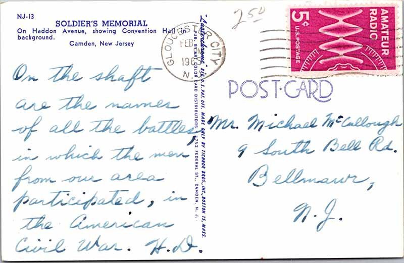 Postcard MONUMENT SCENE Camden New Jersey NJ AN1139