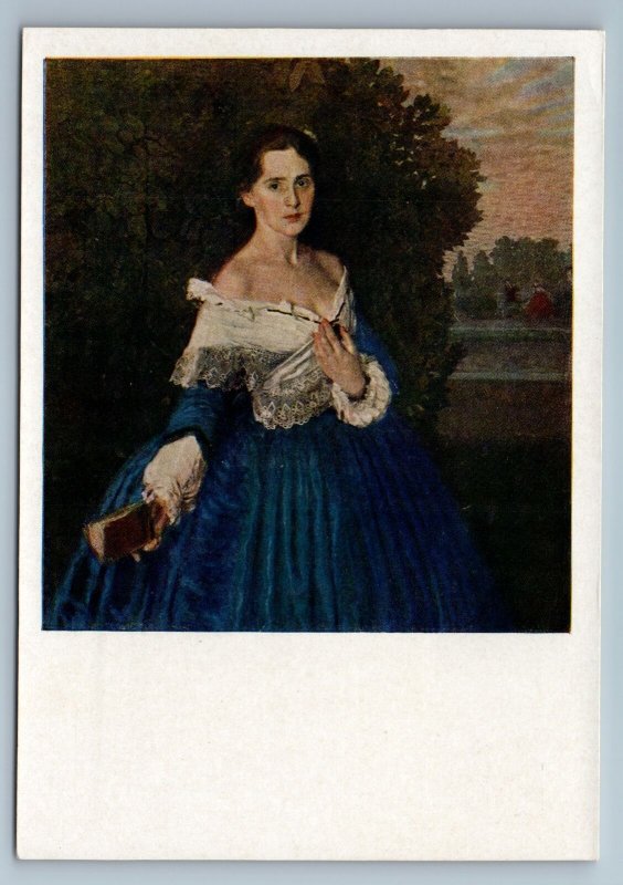 LADY IN BLUE DRESS with BOOK Nature Tree by Somov Old Vintage Postcard 