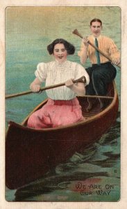 Vintage Postcard 1913 We are on Our Way Man & Woman in Row Boat Love