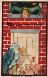 Vintage Postcard 1910 Well Look Who's Here! Baby on Door Step with Bird Comics