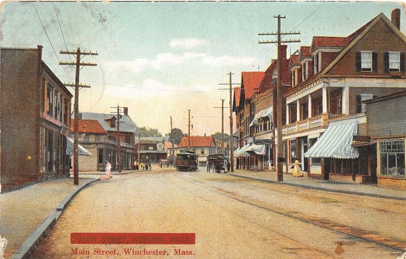 G45/ Winchester Massachusetts Postcard c1910 Main Street Trolley Stores 