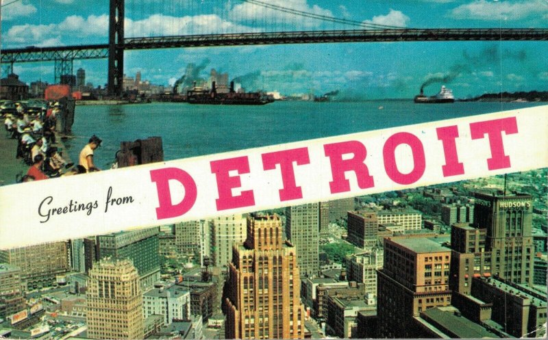 USA Greetings From Detroit Chrome Postcard 08.15