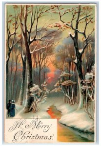 1908 Merry Christmas Women On Winter Trees Embossed Chicago IL Postcard