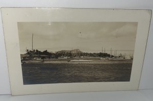 Diamond Head w Waikiki Sail Boats in the Foreground RPPC Postcard