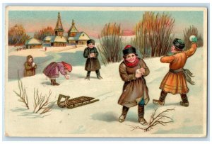 c1910's Christmas Children Snowball Fight Gel Gold Gilt Norway Antique Postcard