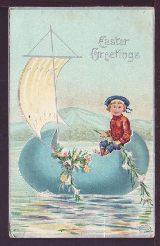 Easter Greetings Boy Egg Sailboat Postcard 2712