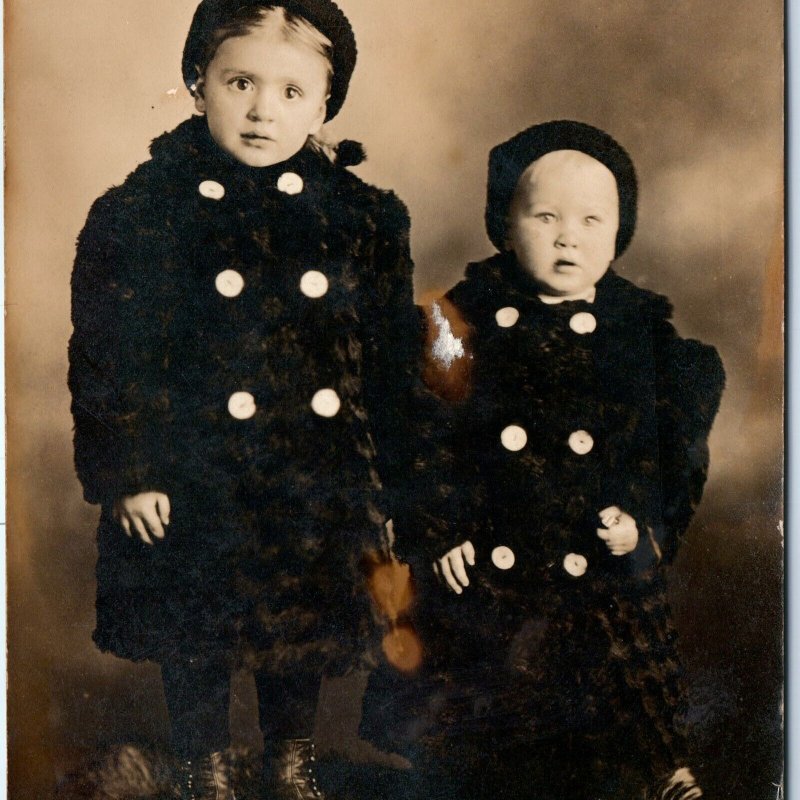 c1910s Adorable Little Boy & Girl RPPC Children Siblings Photo Winter Coats A159
