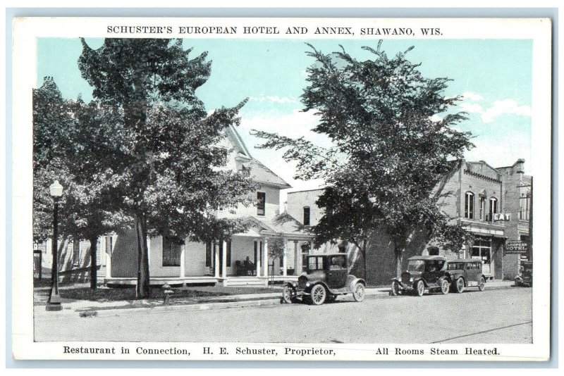 c1920's Schuster's European Hotel Restaurant & Annex Shawano Wisconsin Postcard