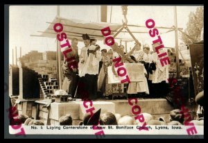 Lyons IOWA RPPC 1908 LAYING CORNERSTONE St. Boniface Catholic Church nr Clinton