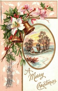 Vintage Postcard 1909 A Merry Christmas Yuletide Bells Snow House Greetings
