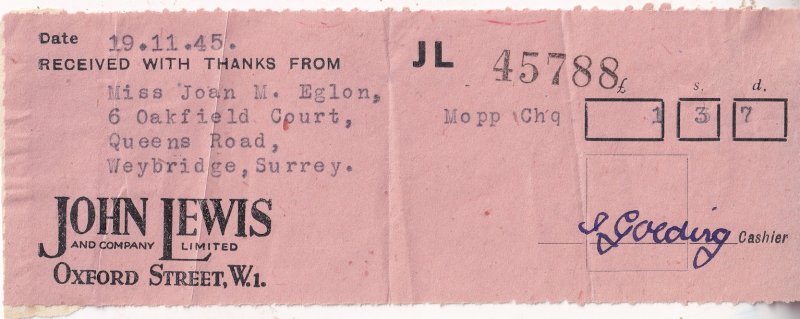 John Lewis Oxford Street London Department Store WW2 Receipt