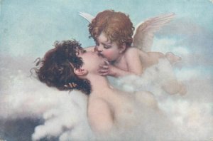 Love Dream Fantasy by Martens Cupid kiss beauty woman Risqué vintage postcard 