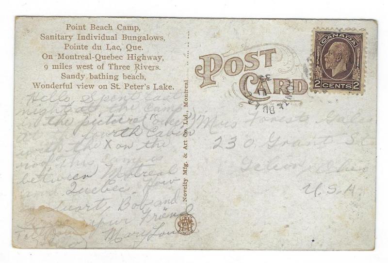 1933 Canada Picture Postcard - Point Beach Camp, Pointe Du Lac, Quebec (AP60)