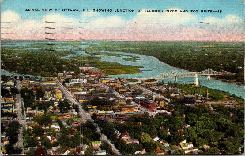 Aerial View Ottawa Illinois IL Junction River Fox Linen Postcard PM Cancel WOB 
