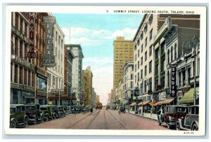 c1920s Summit Street Looking South Business Section Toledo Ohio OH Cars Postcard