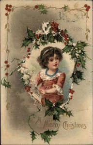Christmas Children Girl Holly Embossed Winsch c1900s-10s Postcard